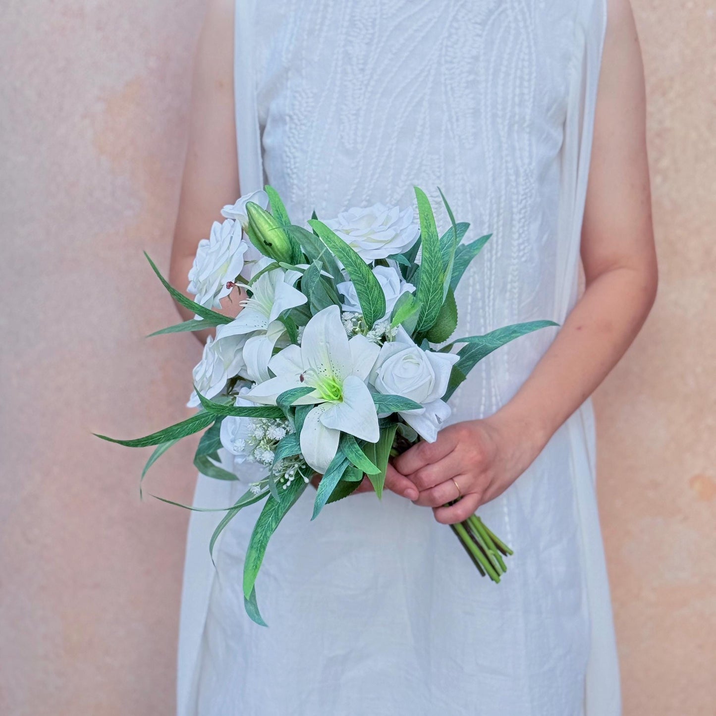 Mini Bouquet Prom Gift - Rustic White Lily Rose Prom Bouquet, White Prom Bouquet, White Bridesmaid Bouquet, Wedding Bouquet, Small Bouquet