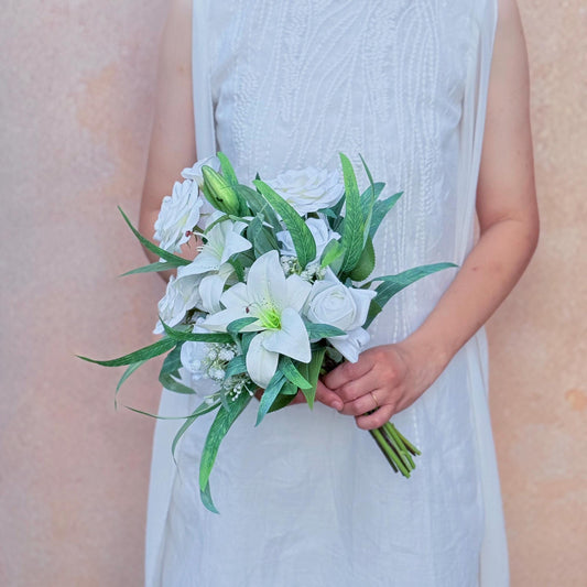 Mini Bouquet Prom Gift - Rustic White Lily Rose Prom Bouquet, White Prom Bouquet, White Bridesmaid Bouquet, Wedding Bouquet, Small Bouquet