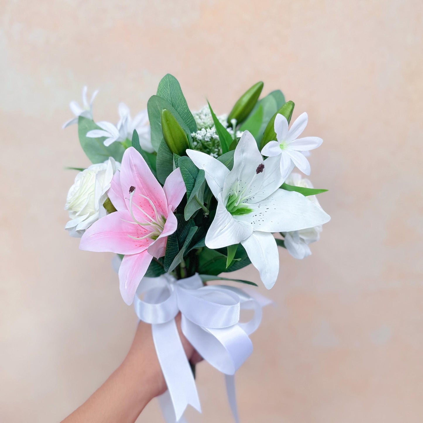 Mini Bouquet Prom Gift - 3D Printed Lily & Rose White Babys Breath Bridesmaid Bouquet, Rustic White Rose Bouquet, Small Wedding Bouquet