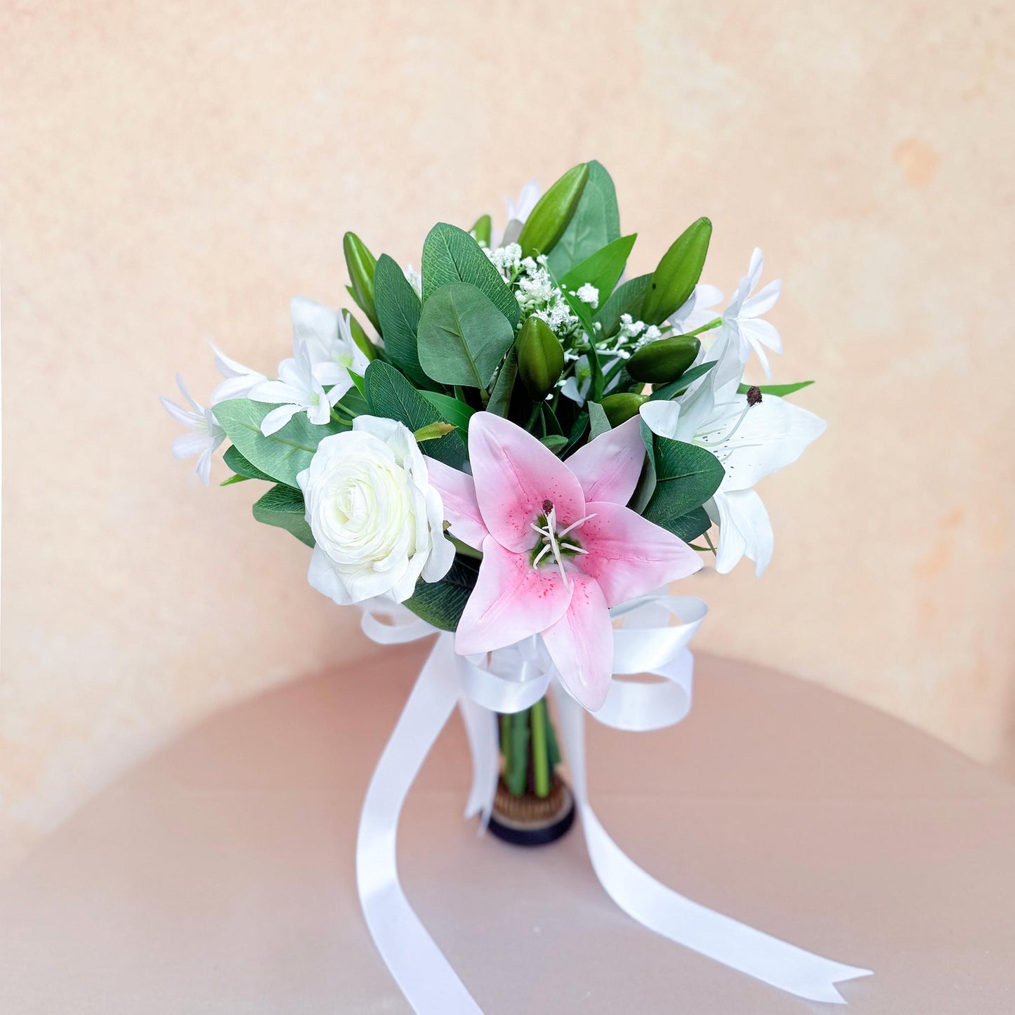 Mini Bouquet Prom Gift - 3D Printed Lily & Rose White Babys Breath Bridesmaid Bouquet, Rustic White Rose Bouquet, Small Wedding Bouquet
