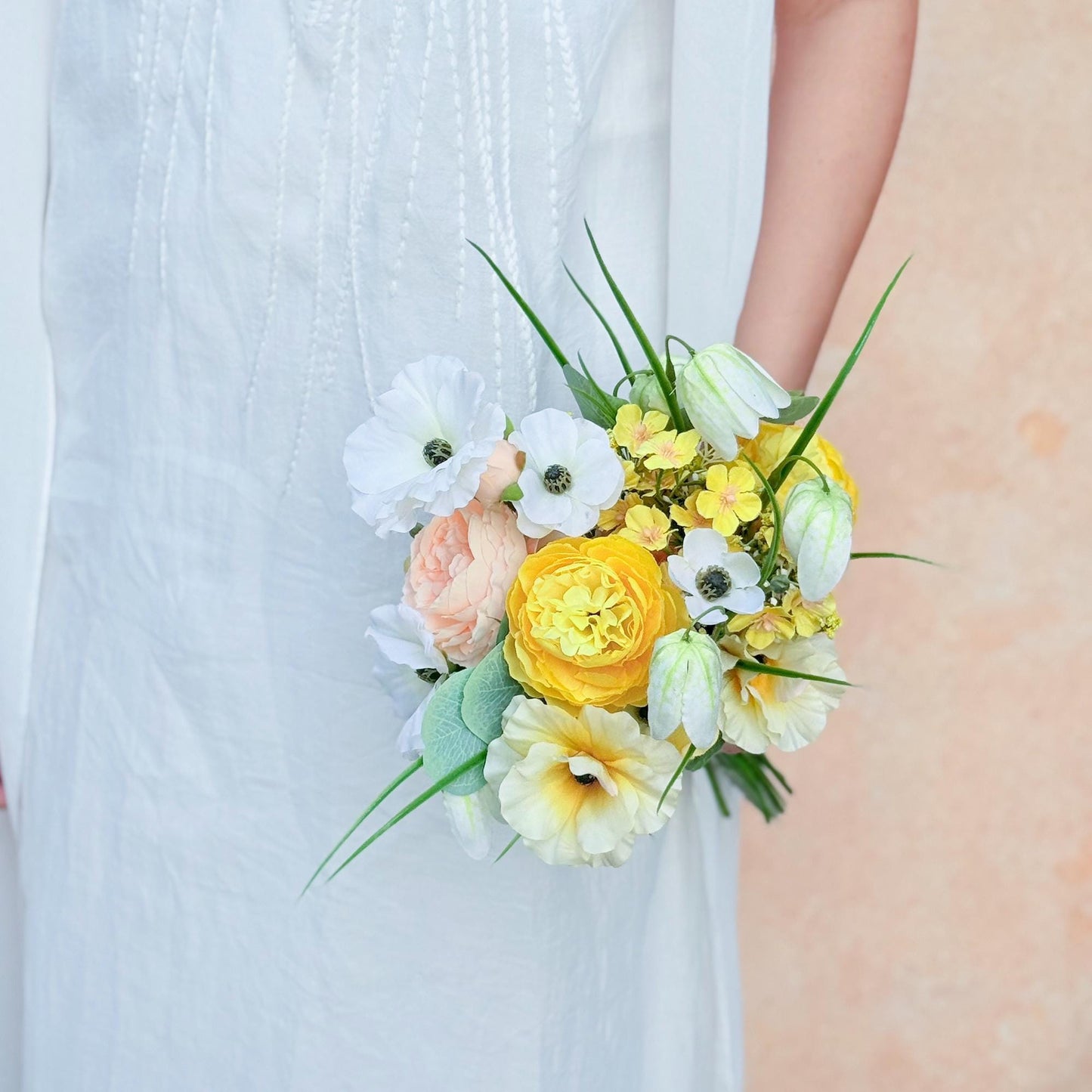 Mini Bouquet Prom Gift - Yellow Peony & Lantern Flower Bouquet, Rustic Baby’s Breath Eucalyptus Bouquet, Spring Peony Wedding Bouquet Gift