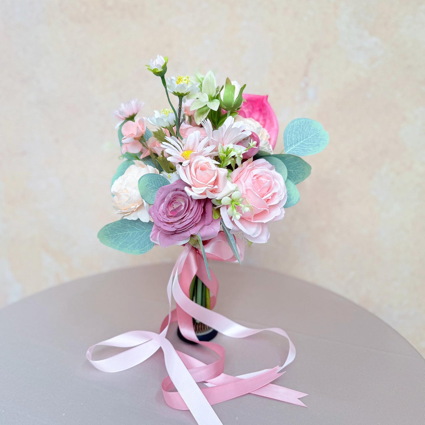 Pink & Purple Wildflower Mini Bouquet: Rustic Wedding, Prom Gift, Daisy Rose Camellia Peony Flower