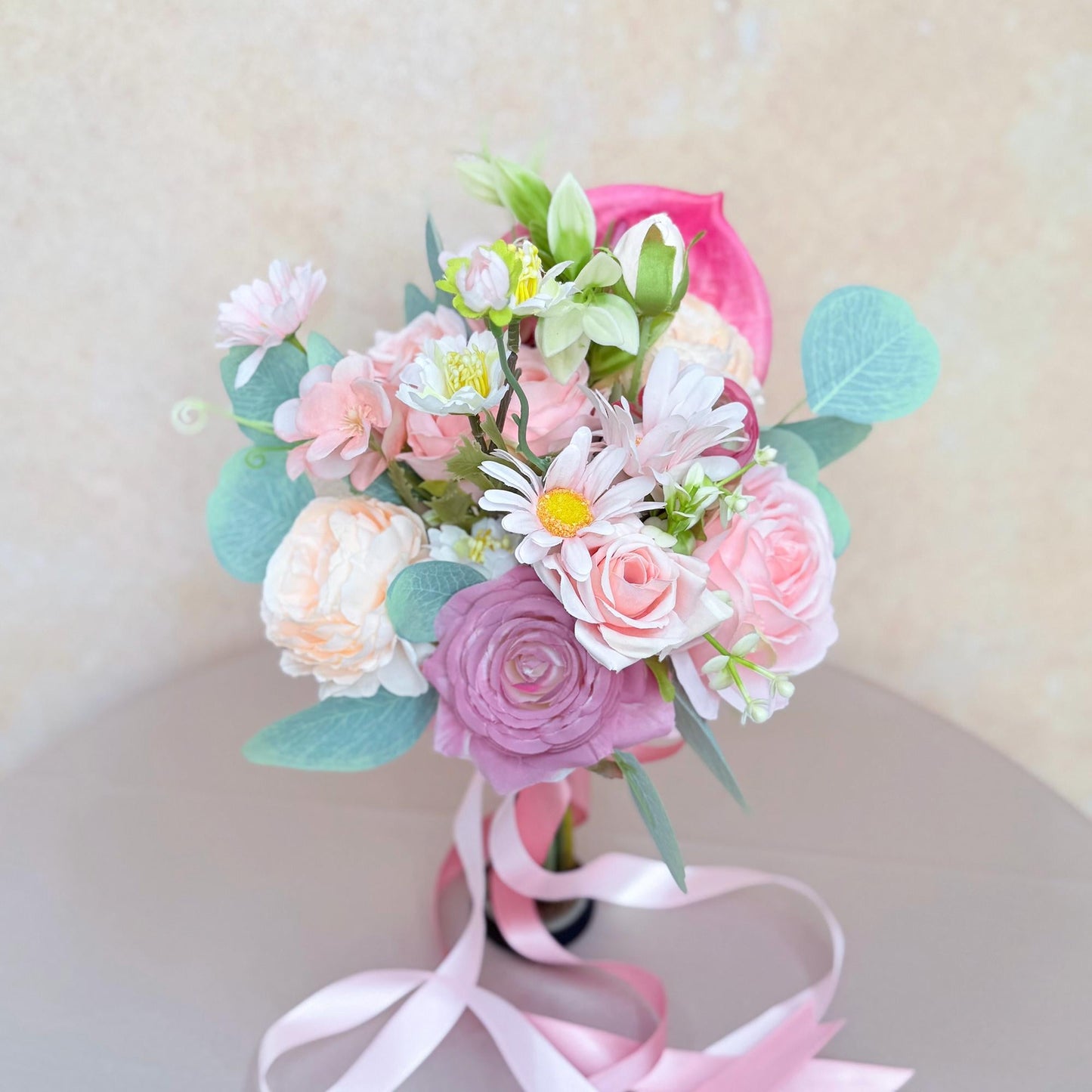 Pink & Purple Wildflower Mini Bouquet: Rustic Wedding, Prom Gift, Daisy Rose Camellia Peony Flower