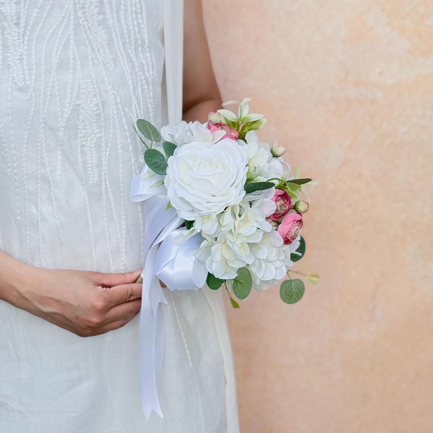 White Hydrangea & Pink Ranunculus Mini Bouquet: Silk Peony Wedding Flowers, Prom Gift