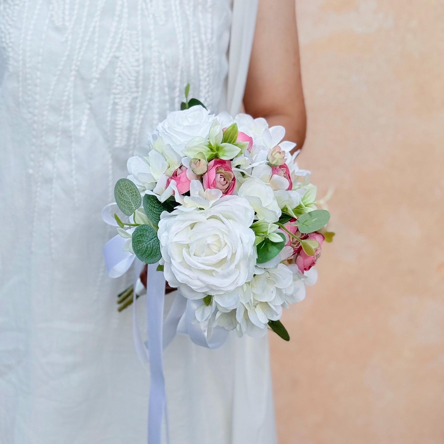 White Hydrangea & Pink Ranunculus Mini Bouquet: Silk Peony Wedding Flowers, Prom Gift