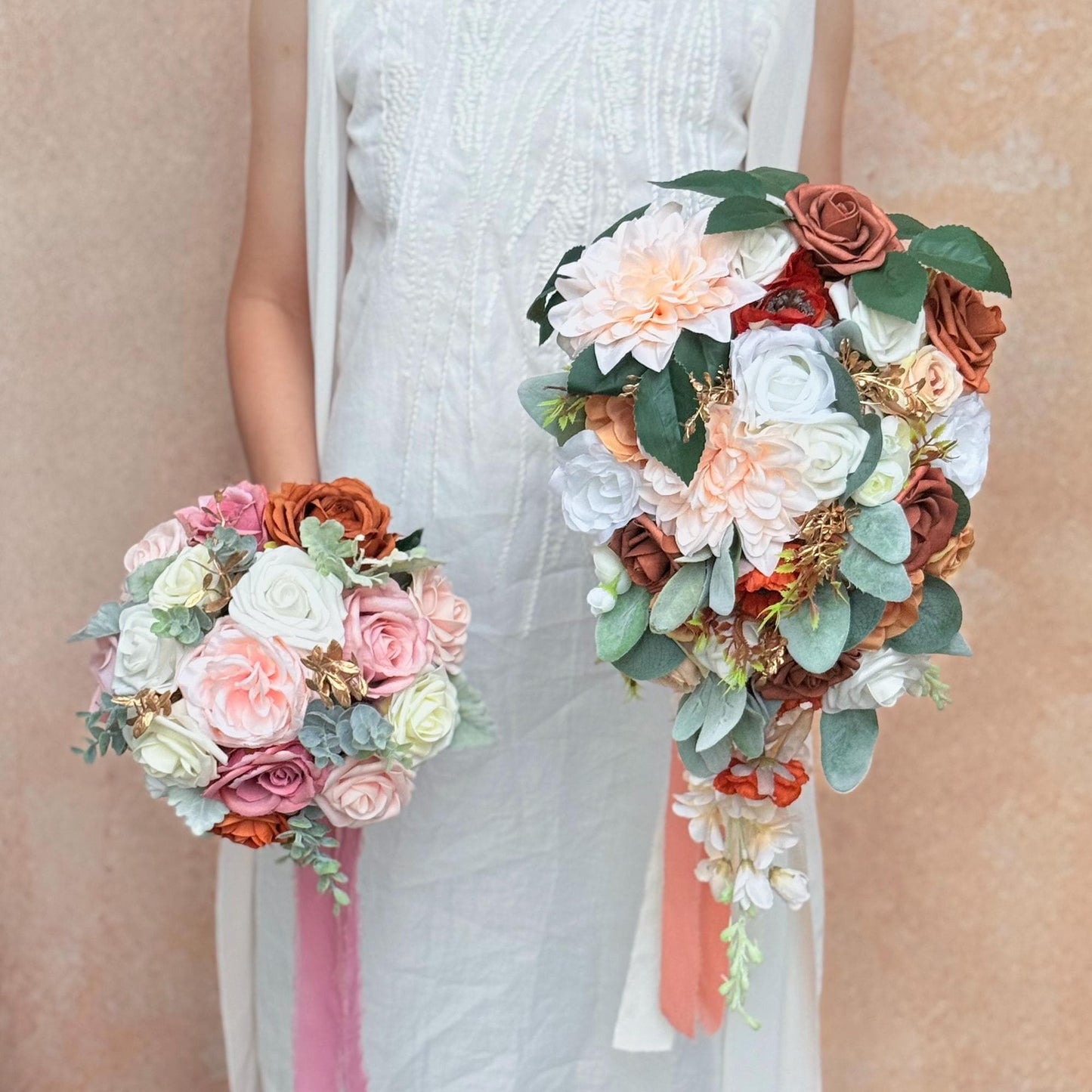 Cascade Autumn Brown Rose Bridal Bouquet, Dusty Pink Bridesmaid Bouquet, Champagne Dahlia Bridesmaid Bouquet Gift, Gift For Her Boho Wedding