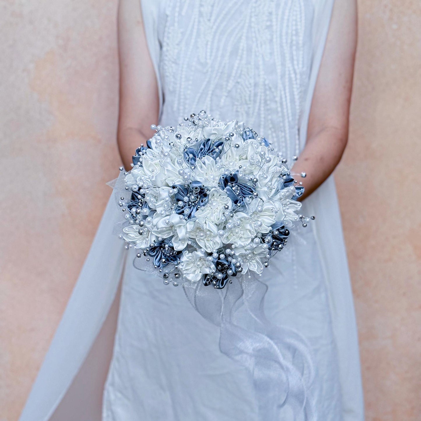 Elegant Pearl Ivory Ribbon Rose Bouquet, Personalized Wedding Silver Grey Rose Flowers, Bridesmaid Gift Idea, Wedding Engagement Gifts Ideas