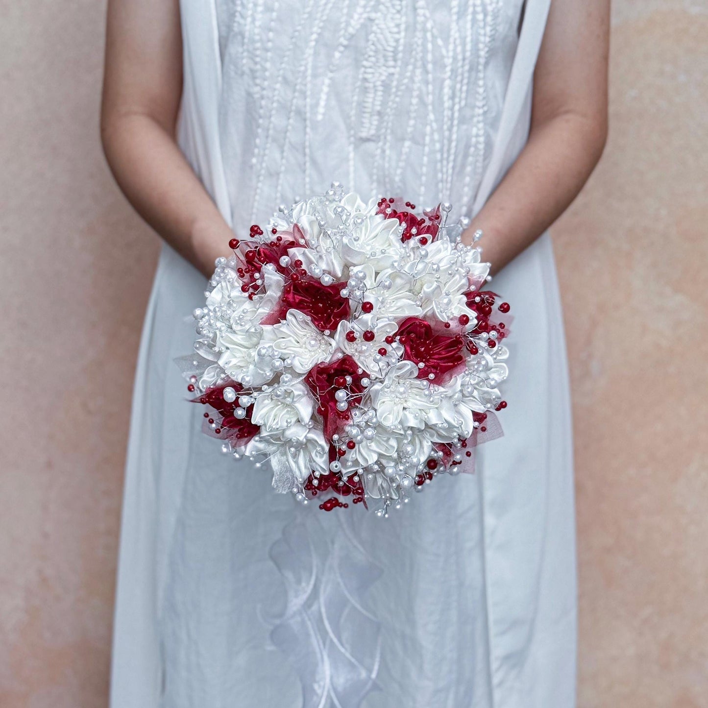 Elegant Pearl Ivory Ribbon Rose Bouquet, Personalized Wedding Red & White Rose Flowers, Bridesmaid Gift Idea, Wedding Engagement Gifts Ideas