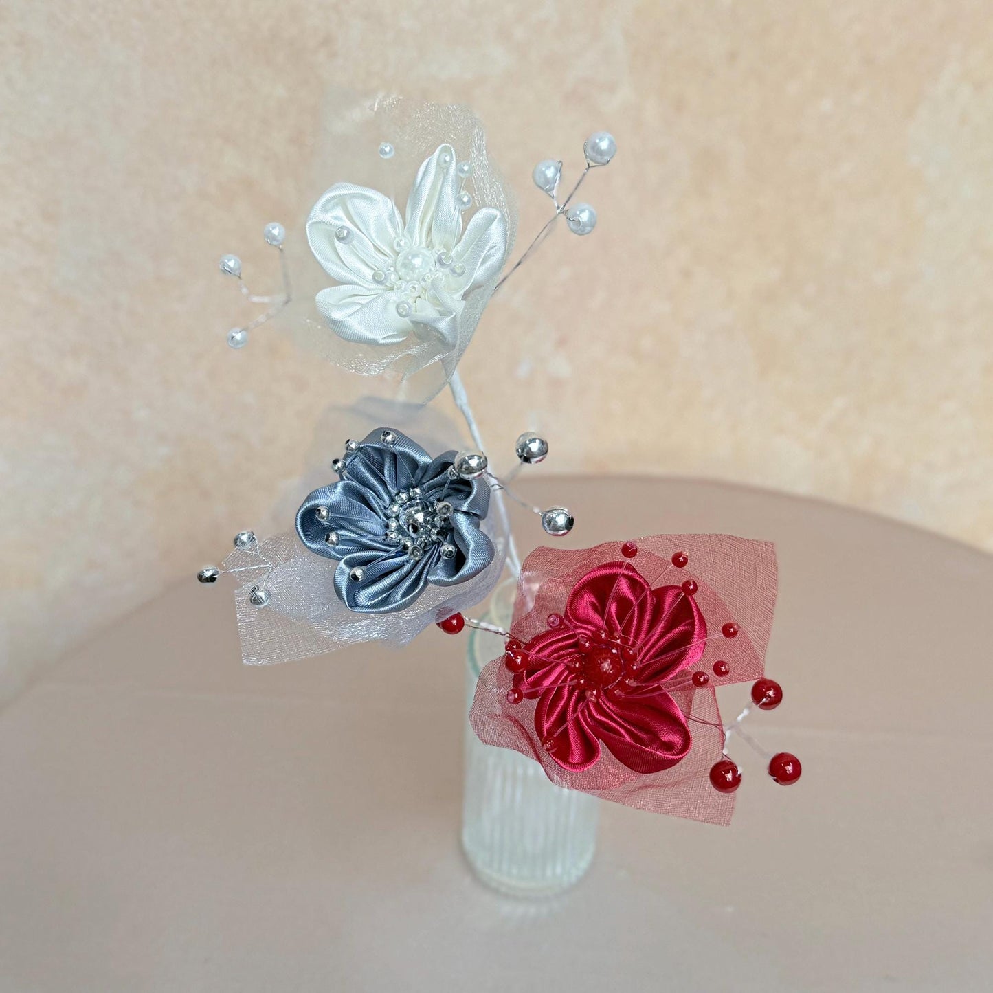 25pcs Pearl Ribbon Rose Flower, Full Handmade Ribbon Rose Flower, Craft of Unique Wedding Bouquet Idea,Bridal Bridesmaid Gift Accessories