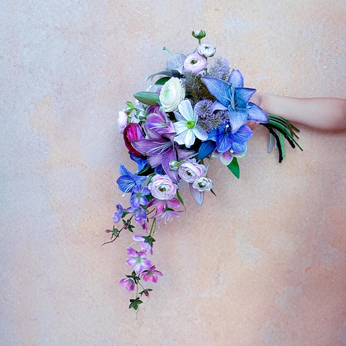 Cascade Bohemian Wildflower Bridal Bouquet Box- Pink Purple blue Wildflower wedding bouquet, Blue Lily Bridesmaid Bouquet, Gift For Her Swag