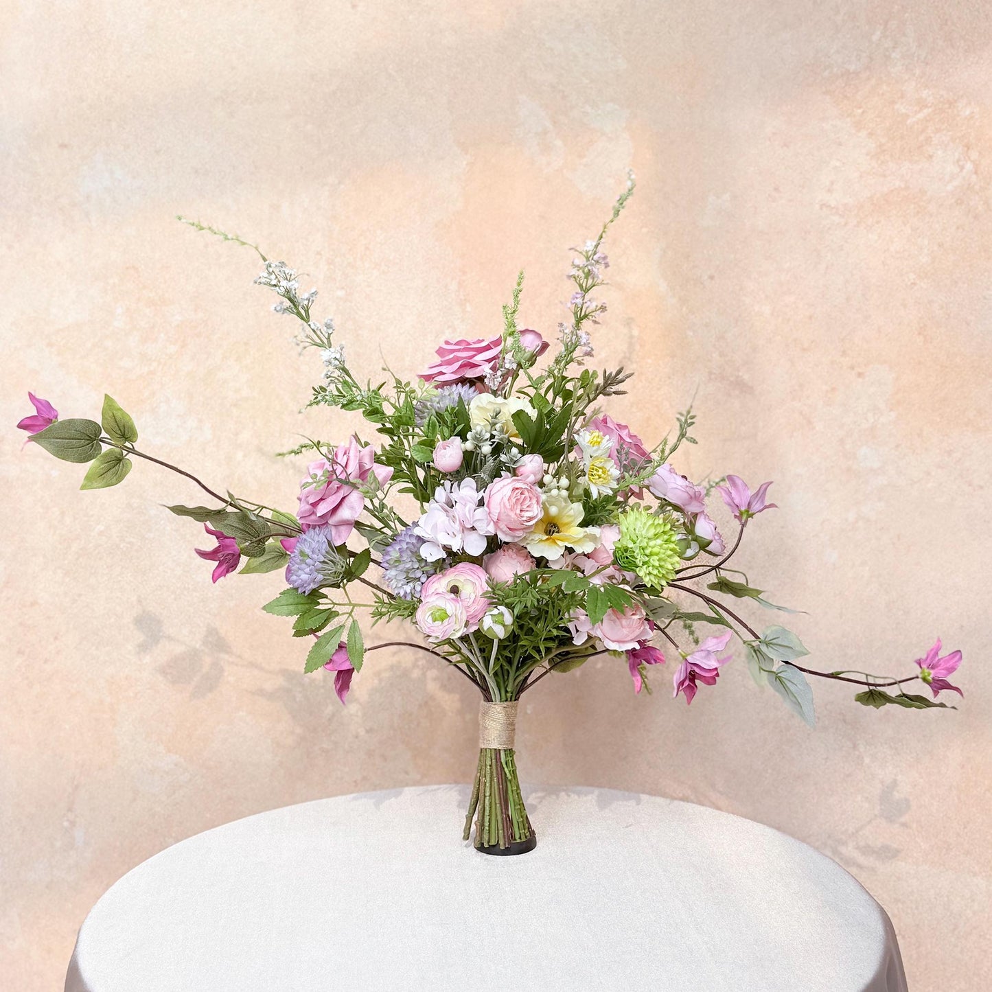 Large Pink Wildflower Wedding Bouquet, Silk Peony Rose Flower Bridal Bouquet, Faux Flower Bouquet for Beach Wedding, Monet Garden Wedding