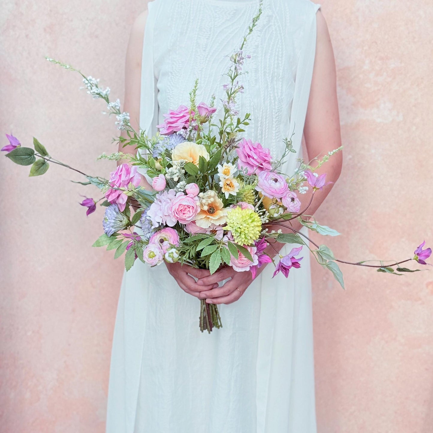 Large Pink Wildflower Wedding Bouquet, Silk Peony Rose Flower Bridal Bouquet, Faux Flower Bouquet for Beach Wedding, Monet Garden Wedding