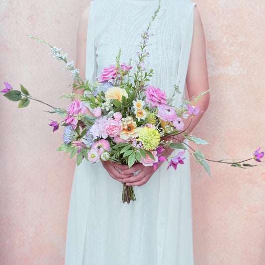Large Pink Wildflower Wedding Bouquet, Silk Peony Rose Flower Bridal Bouquet, Faux Flower Bouquet for Beach Wedding, Monet Garden Wedding