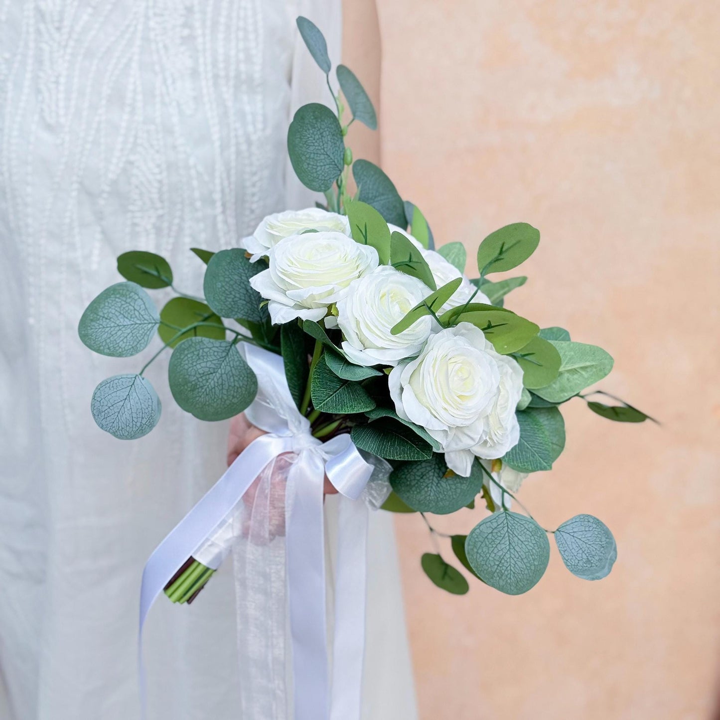 Ivory Rose Wedding Bouquet: Eucalyptus Faux Floral Bridal Bouquet Bridesmaid