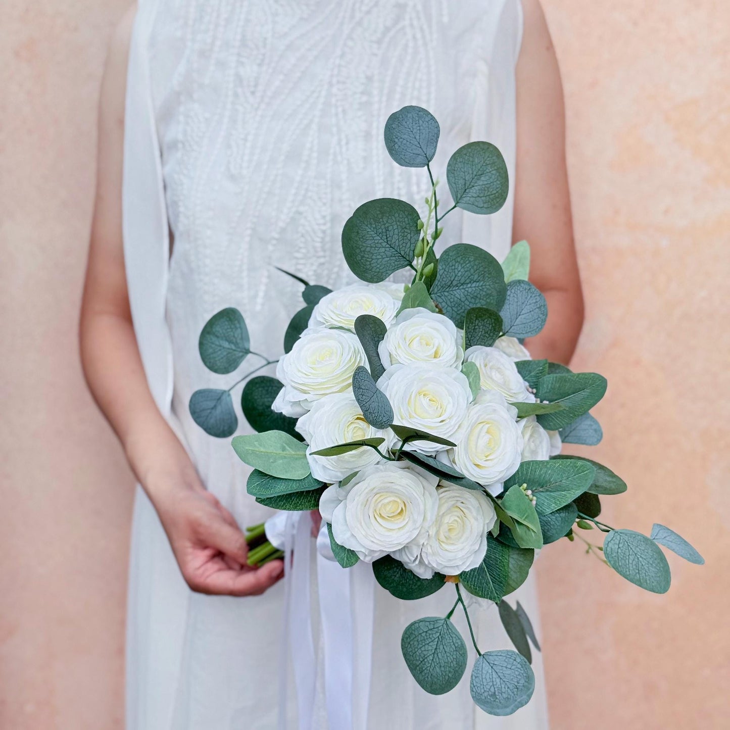 Ivory Rose Wedding Bouquet: Eucalyptus Faux Floral Bridal Bouquet Bridesmaid
