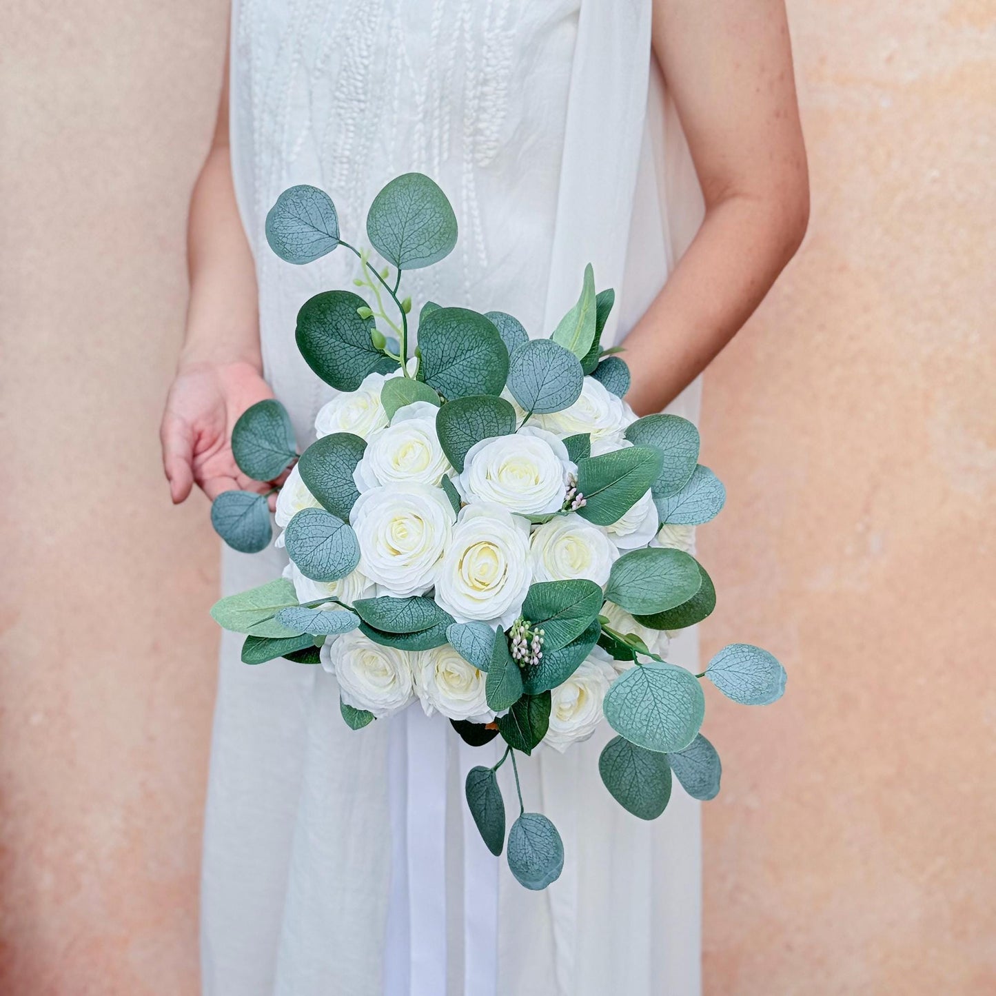 Ivory Rose Wedding Bouquet: Eucalyptus Faux Floral Bridal Bouquet Bridesmaid