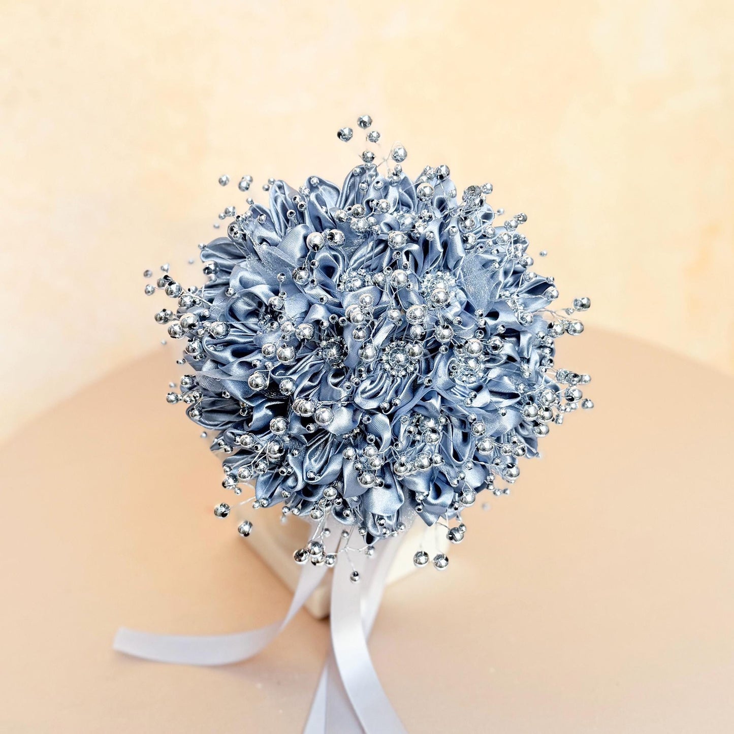 Silver Grey Pearl Ribbon Rose Bridesmaid Bouquet, Personalized Pearl Rose bouquet gift for her wedding Prom Bride shower, flower girl gift