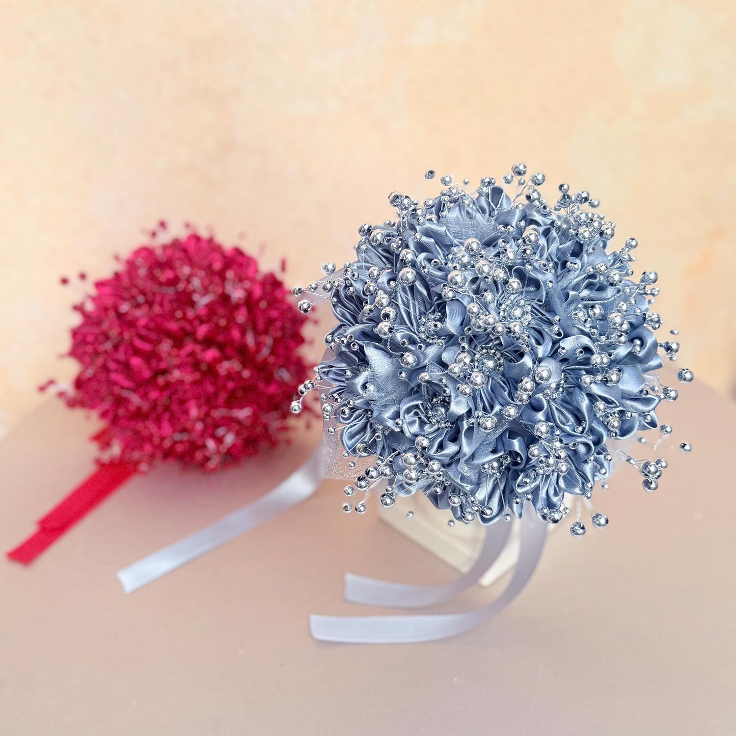 Elegant Red Pearl Ribbon Rose Prom Bouquet, Wedding rose Bouquet gift for her Bride shower, Bridesmaid, flower girl, Bridal Accessories