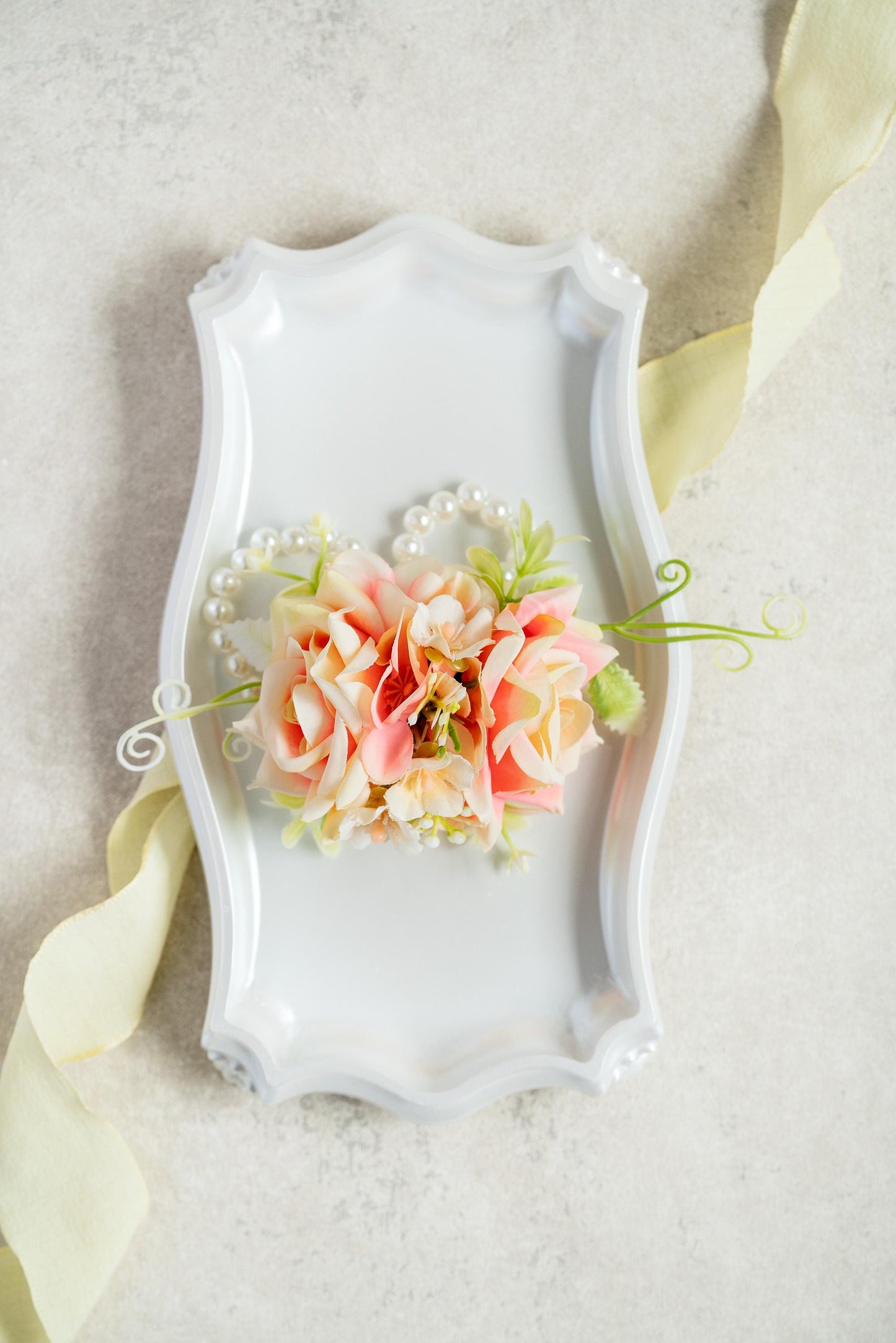 Peach Rose Wrist Corsage: Silk Wedding Accessories with Pearls, Prom Corsage, Bridal Shower Gift