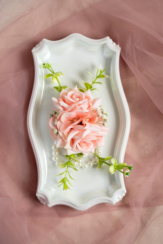 Peach Rose Wrist Corsage: Silk Wedding Accessories with Pearls, Prom Corsage, Bridal Shower Gift