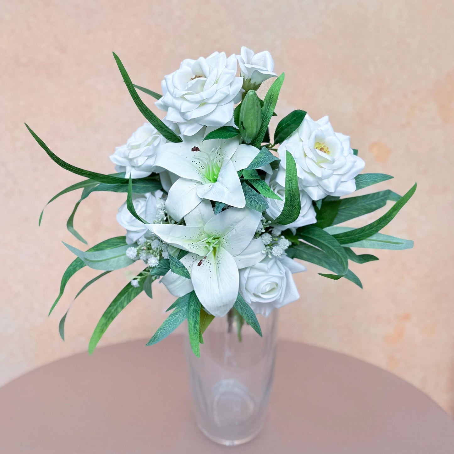 Mini Bouquet Prom Gift - Rustic White Lily Rose Prom Bouquet, White Prom Bouquet, White Bridesmaid Bouquet, Wedding Bouquet, Small Bouquet