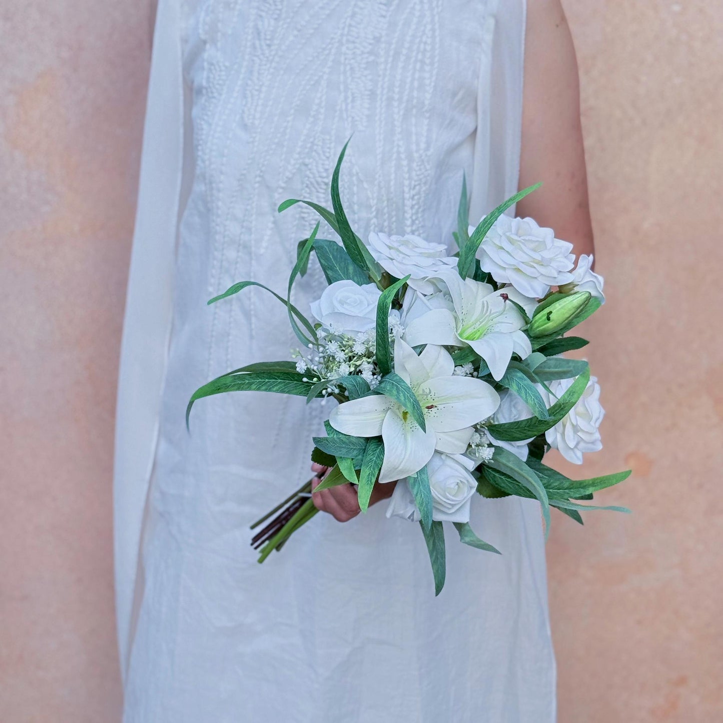 Mini Bouquet Prom Gift - Rustic White Lily Rose Prom Bouquet, White Prom Bouquet, White Bridesmaid Bouquet, Wedding Bouquet, Small Bouquet