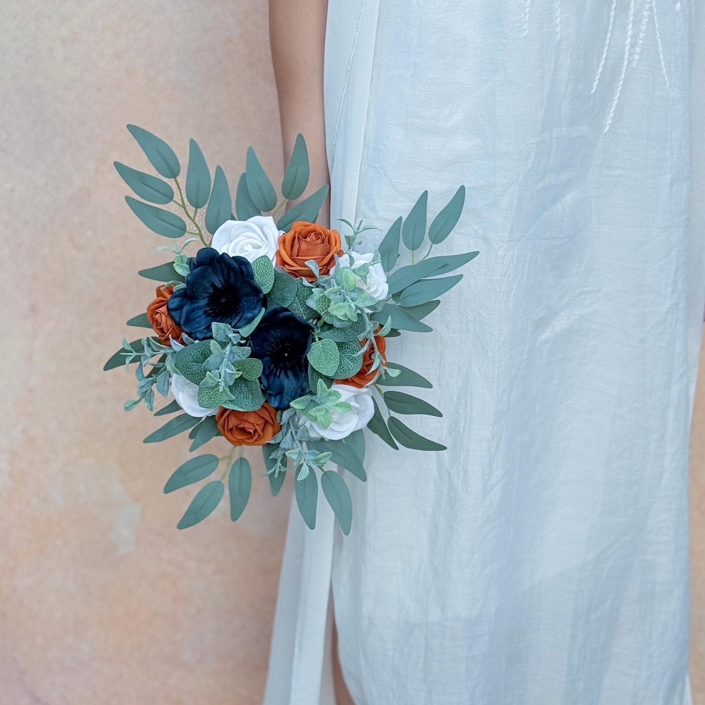 Mini Bouquet Prom Gift - Vintage Tan & White Rose, Navy Blue Anemone Rustic Bouquet - Prom Bouquet, Wildflower Bridesmaid Wedding Bouquet