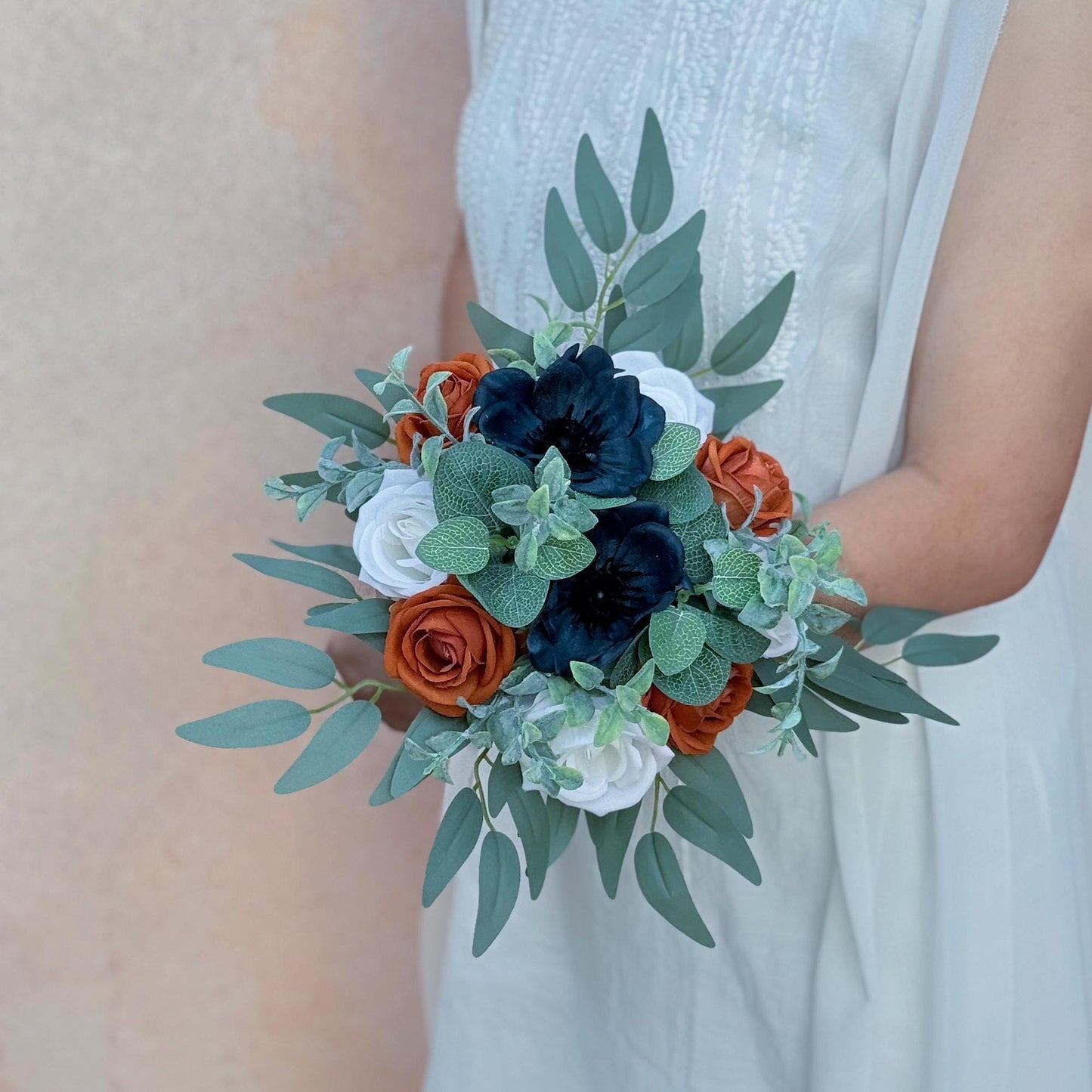 Mini Bouquet Prom Gift - Vintage Tan & White Rose, Navy Blue Anemone Rustic Bouquet - Prom Bouquet, Wildflower Bridesmaid Wedding Bouquet