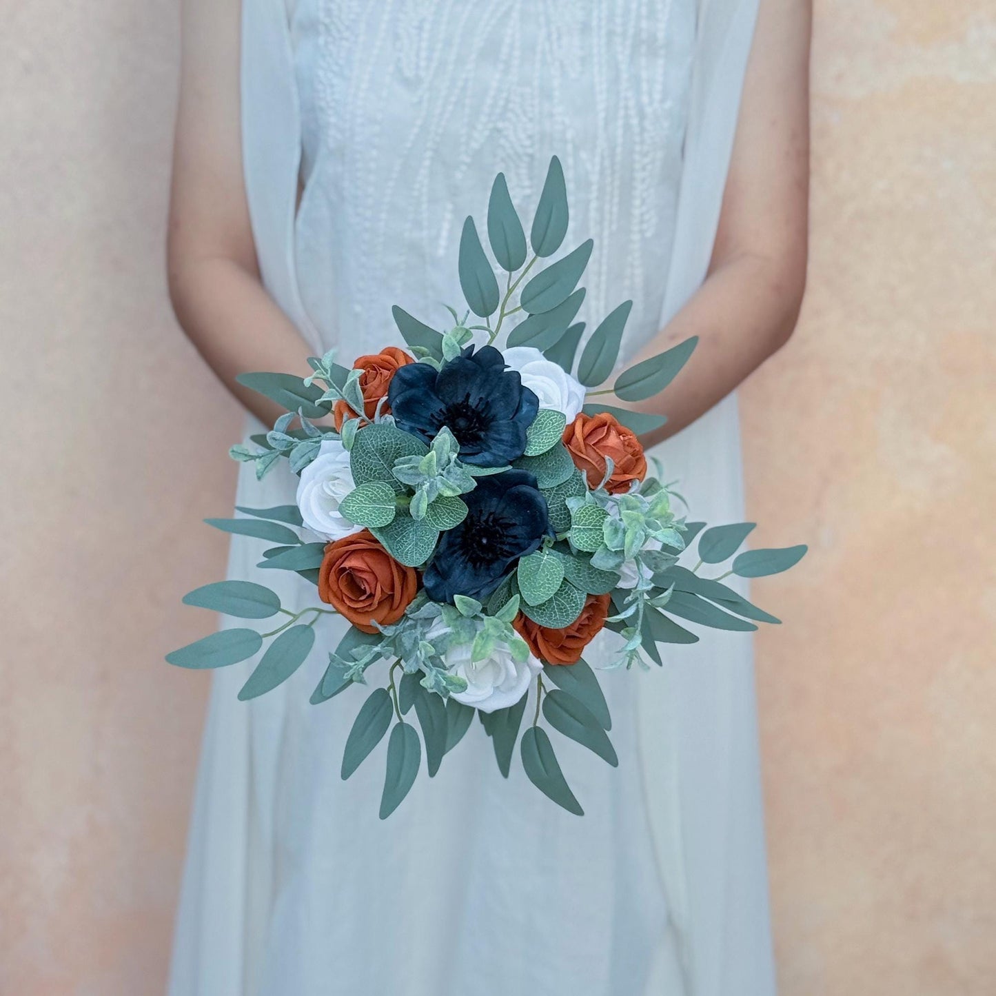 Mini Bouquet Prom Gift - Vintage Tan & White Rose, Navy Blue Anemone Rustic Bouquet - Prom Bouquet, Wildflower Bridesmaid Wedding Bouquet