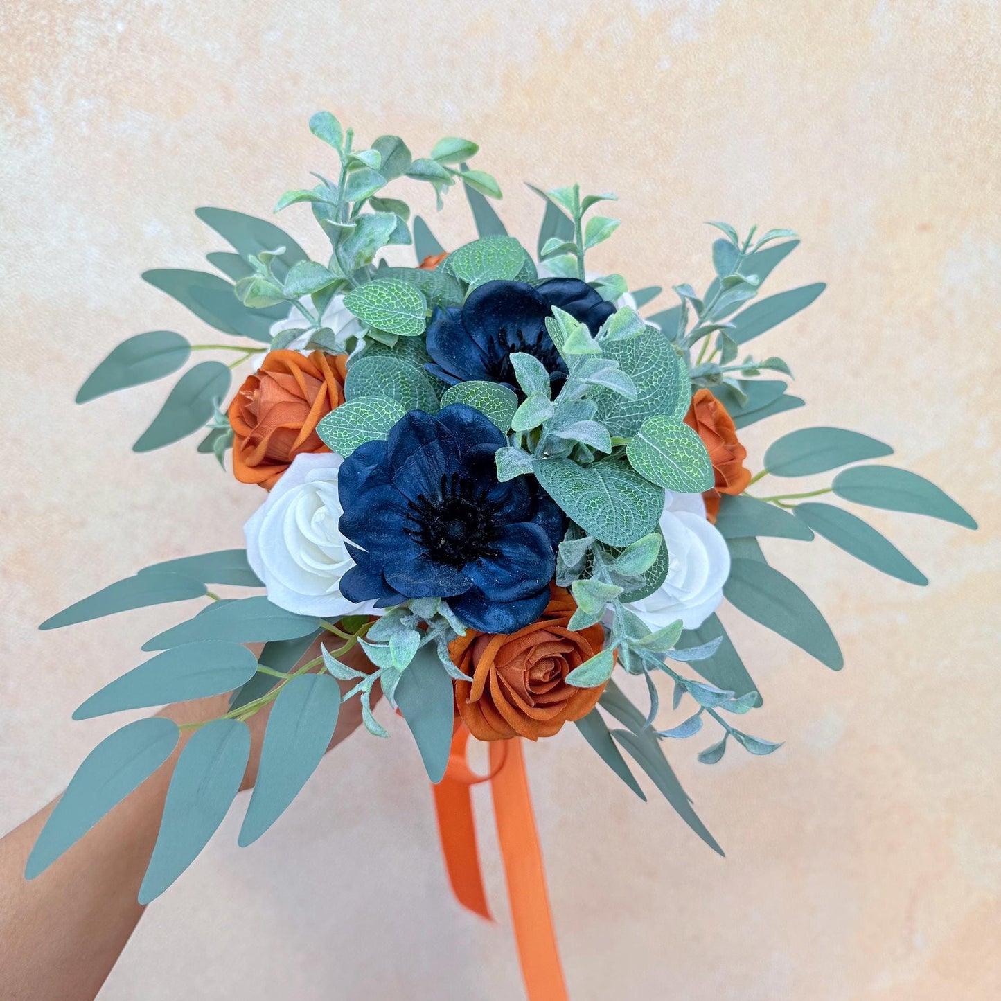 Mini Bouquet Prom Gift - Vintage Tan & White Rose, Navy Blue Anemone Rustic Bouquet - Prom Bouquet, Wildflower Bridesmaid Wedding Bouquet