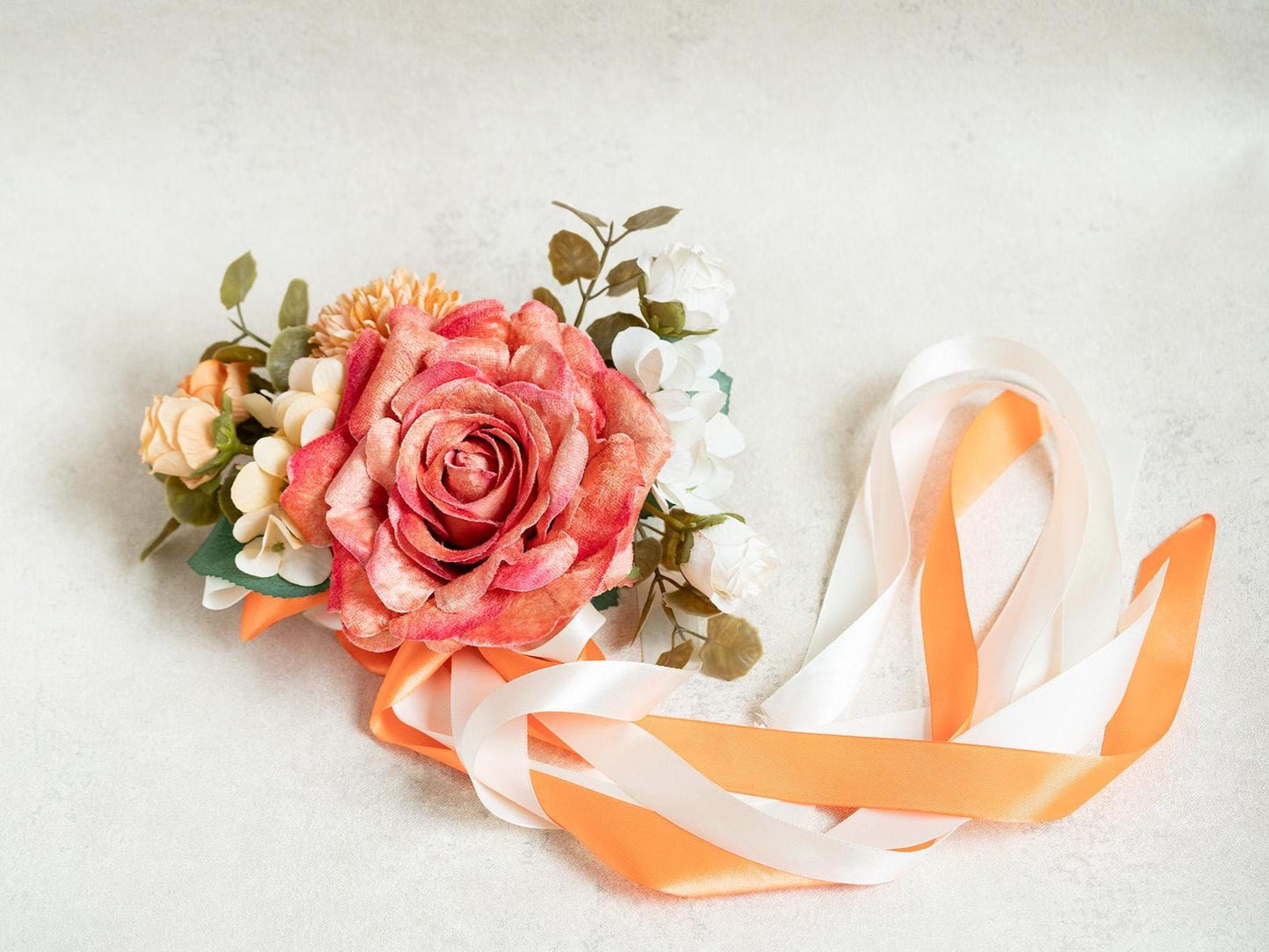 Pumpkin Orange Rose Wrist Corsage with Ribbon, Fall Wedding Corsage, Autumn Bridesmaid Gift, Halloween Wrist Flower, Bridal Accessories