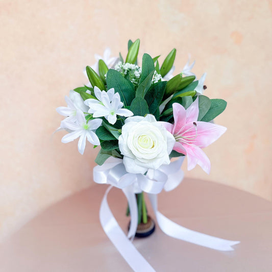 Mini Bouquet Prom Gift - 3D Printed Lily & Rose White Babys Breath Bridesmaid Bouquet, Rustic White Rose Bouquet, Small Wedding Bouquet