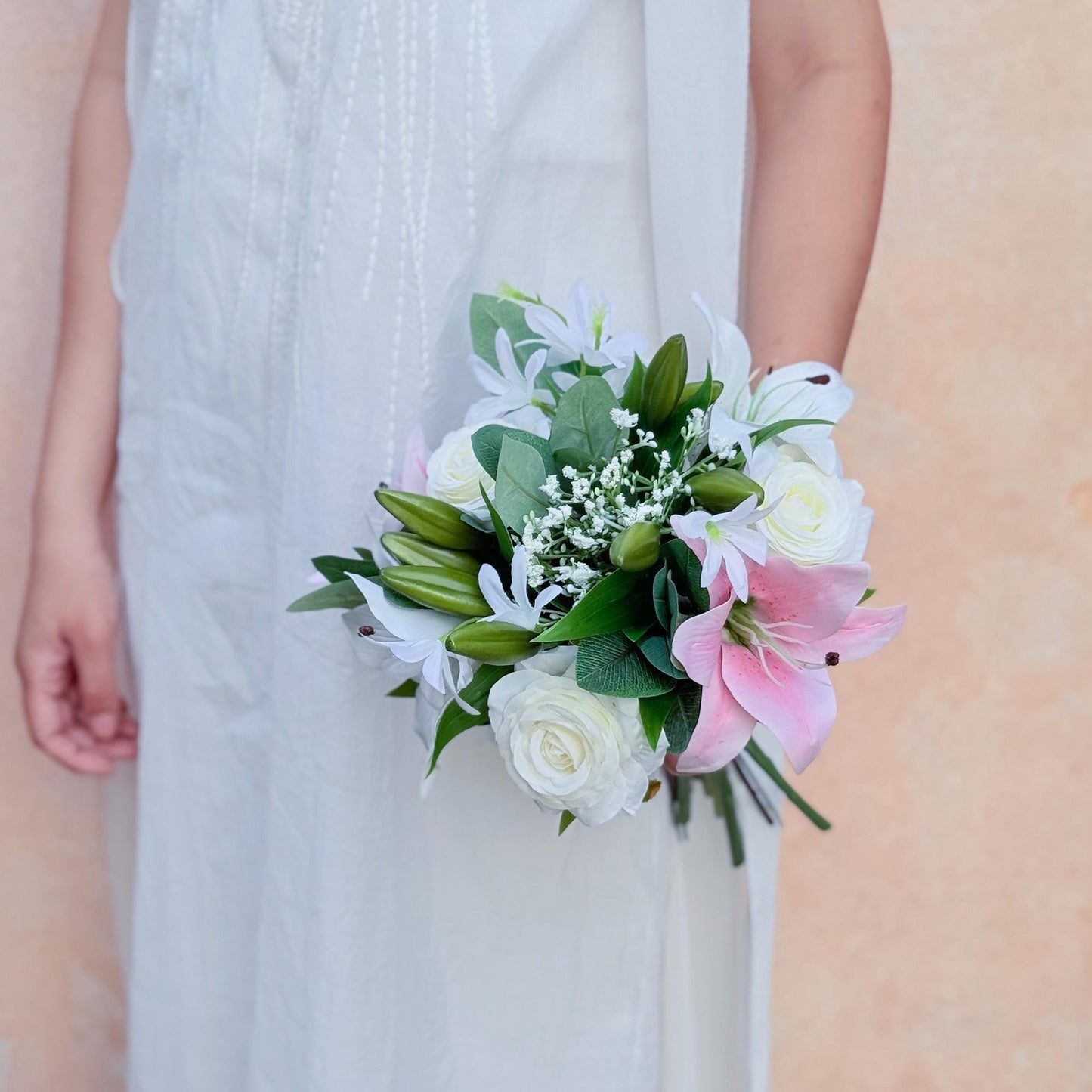 Mini Bouquet Prom Gift - 3D Printed Lily & Rose White Babys Breath Bridesmaid Bouquet, Rustic White Rose Bouquet, Small Wedding Bouquet