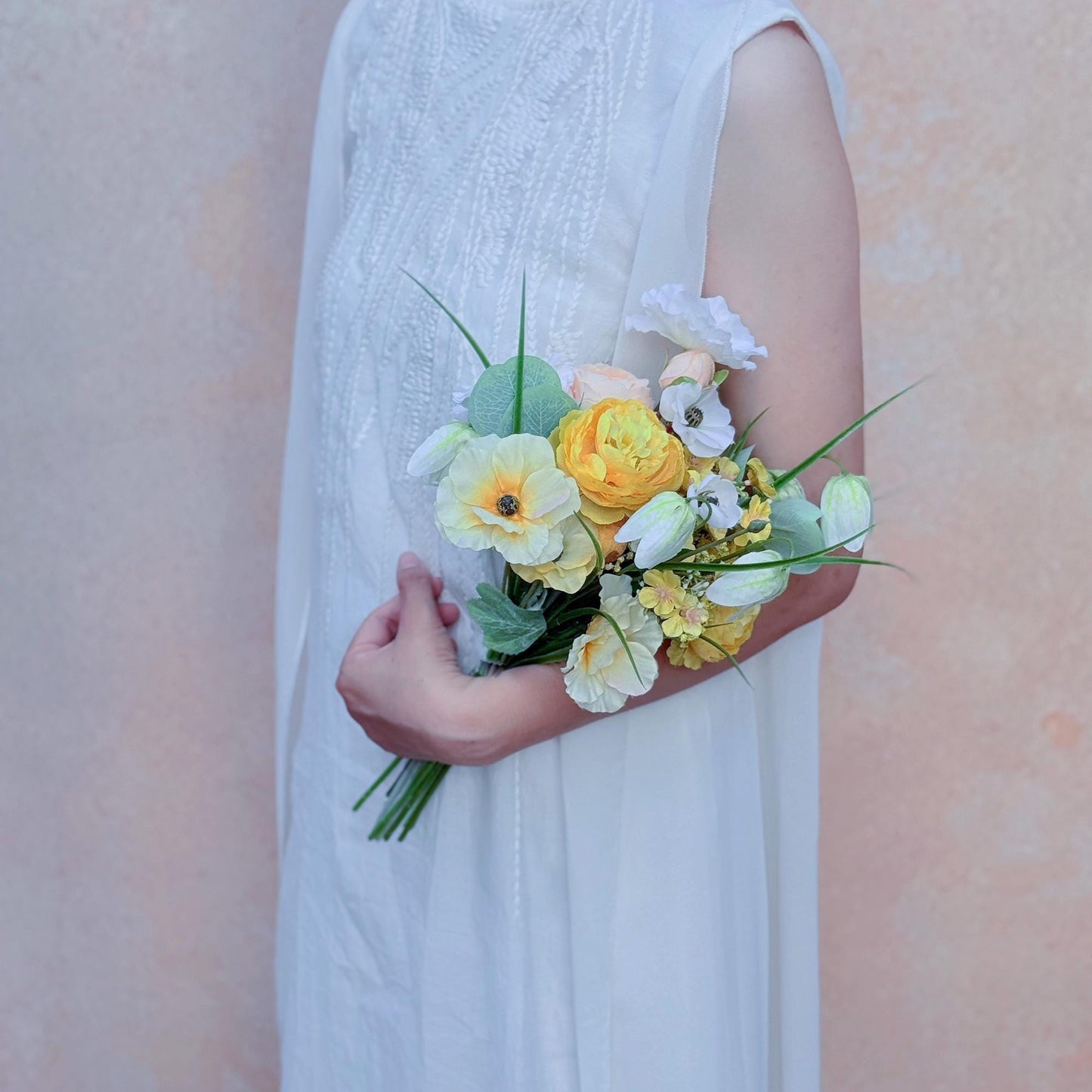 Mini Bouquet Prom Gift - Yellow Peony & Lantern Flower Bouquet, Rustic Baby’s Breath Eucalyptus Bouquet, Spring Peony Wedding Bouquet Gift