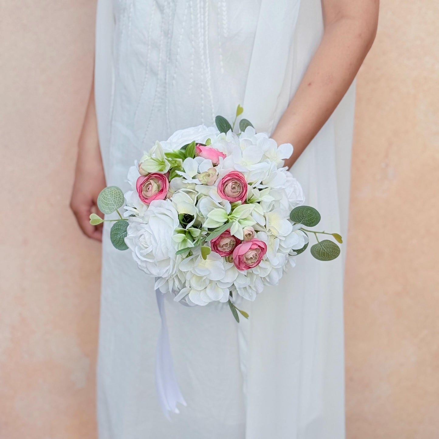 White Hydrangea & Pink Ranunculus Mini Bouquet: Silk Peony Wedding Flowers, Prom Gift