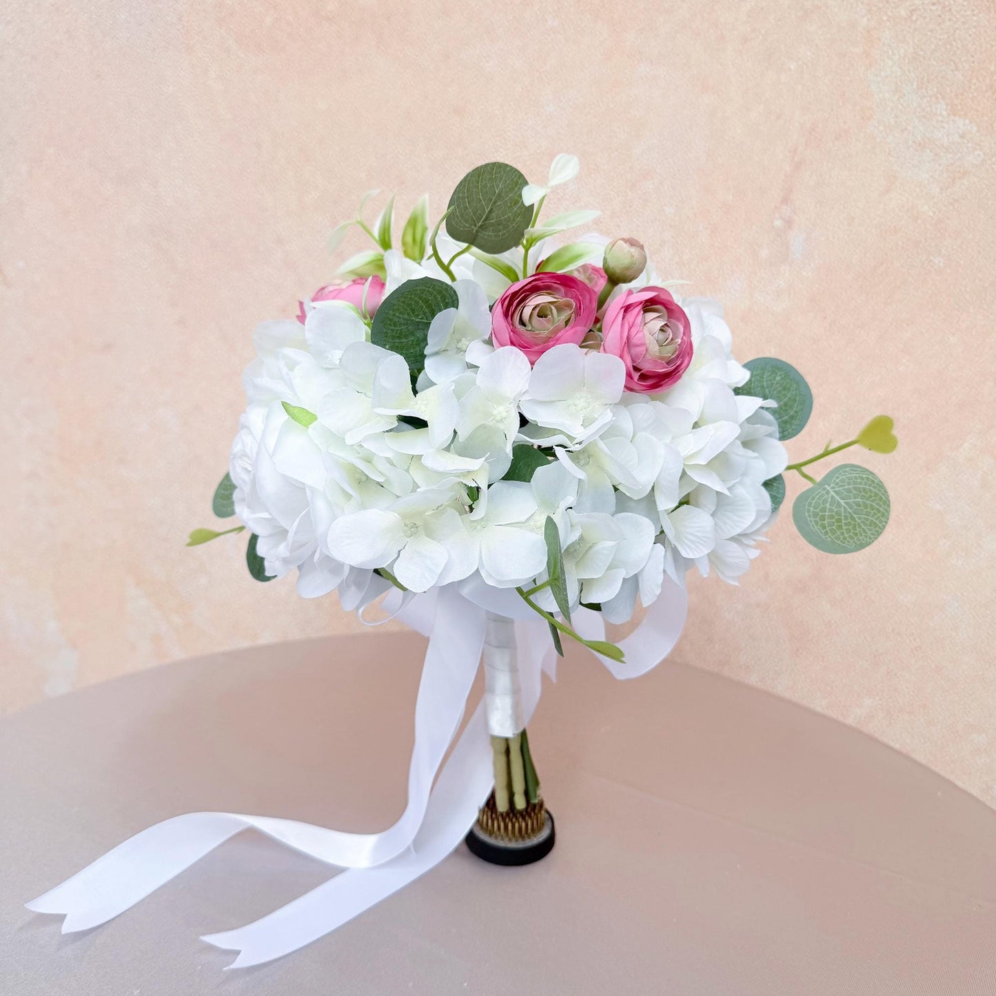 White Hydrangea & Pink Ranunculus Mini Bouquet: Silk Peony Wedding Flowers, Prom Gift