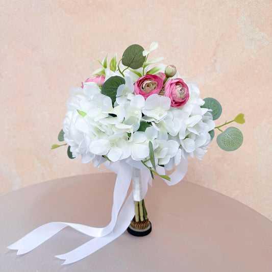 White Hydrangea & Pink Ranunculus Mini Bouquet: Silk Peony Wedding Flowers, Prom Gift