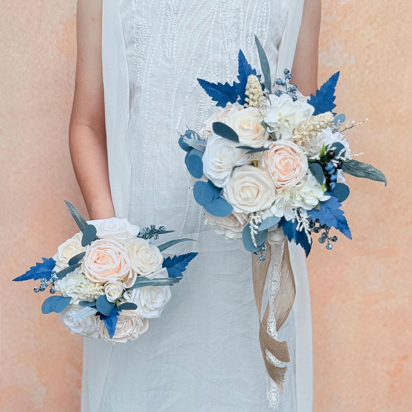 Rustic Cream Rose Bridal Bouquet, Champagne White Rose Bouquet, Grey Blue Bridesmaid Bouquet Gift For Her Wedding, Bridal Accessories