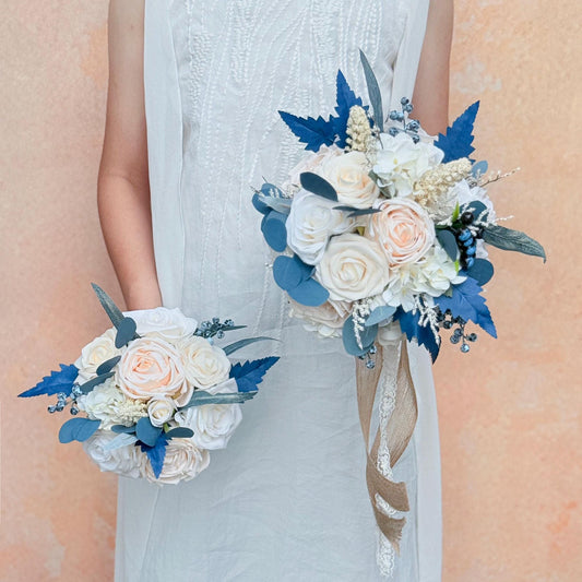 Rustic Cream Rose Bridal Bouquet, Champagne White Rose Bouquet, Grey Blue Bridesmaid Bouquet Gift For Her Wedding, Bridal Accessories