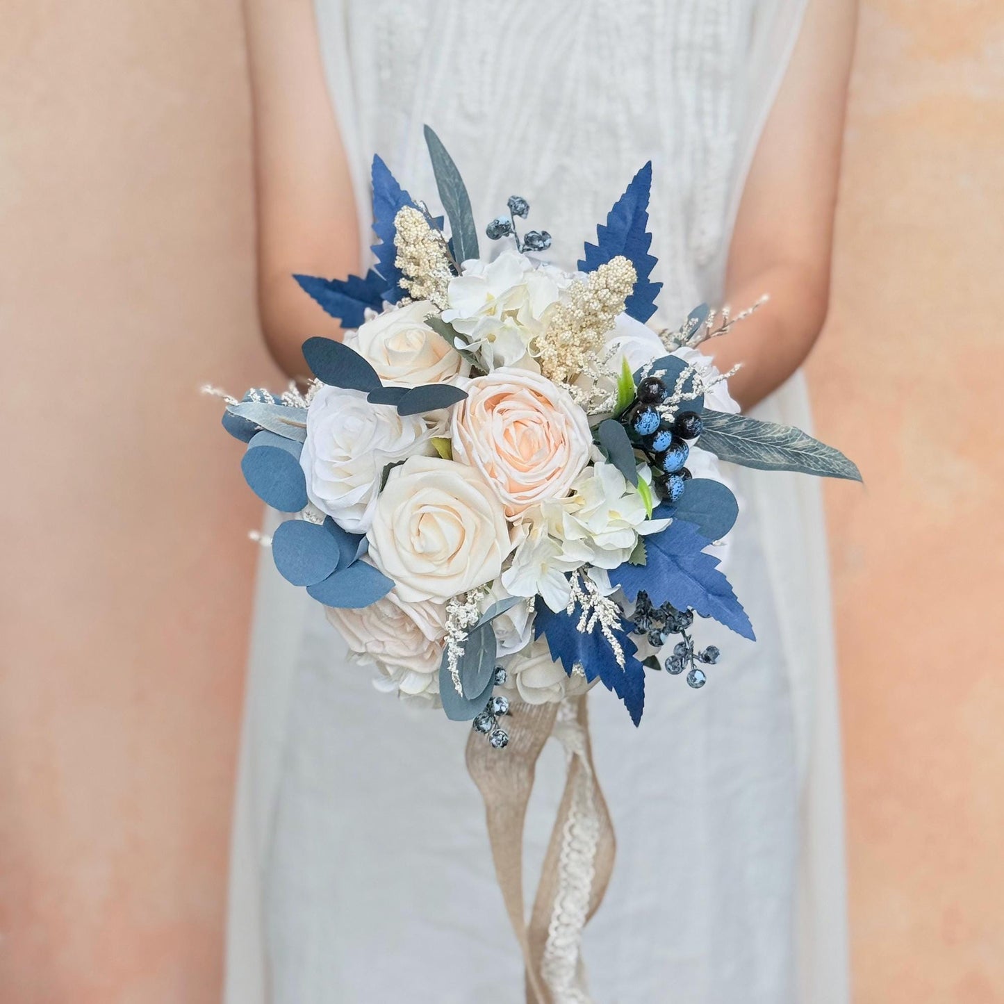 Rustic Cream Rose Bridal Bouquet, Champagne White Rose Bouquet, Grey Blue Bridesmaid Bouquet Gift For Her Wedding, Bridal Accessories