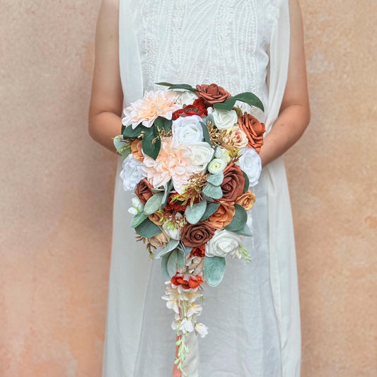 Cascade Autumn Brown Rose Bridal Bouquet, Dusty Pink Bridesmaid Bouquet, Champagne Dahlia Bridesmaid Bouquet Gift, Gift For Her Boho Wedding