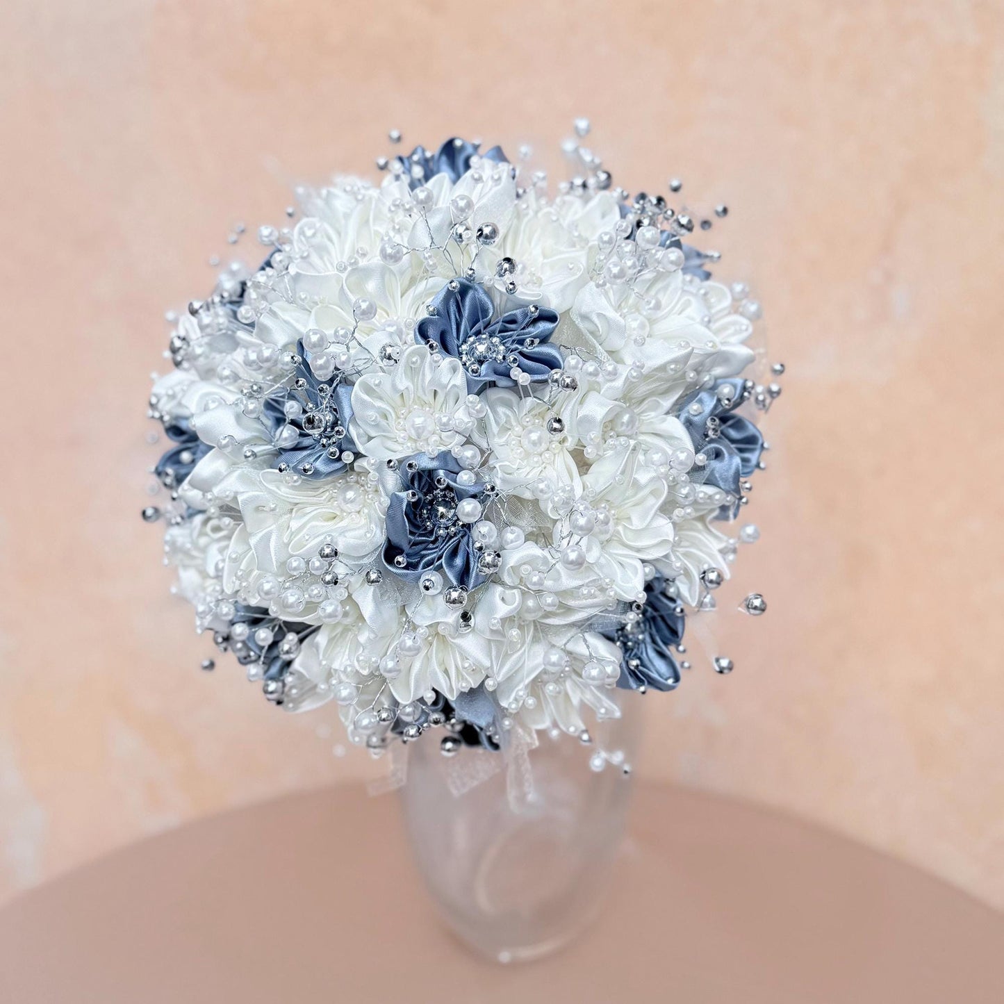 Elegant Pearl Ivory Ribbon Rose Bouquet, Personalized Wedding Silver Grey Rose Flowers, Bridesmaid Gift Idea, Wedding Engagement Gifts Ideas