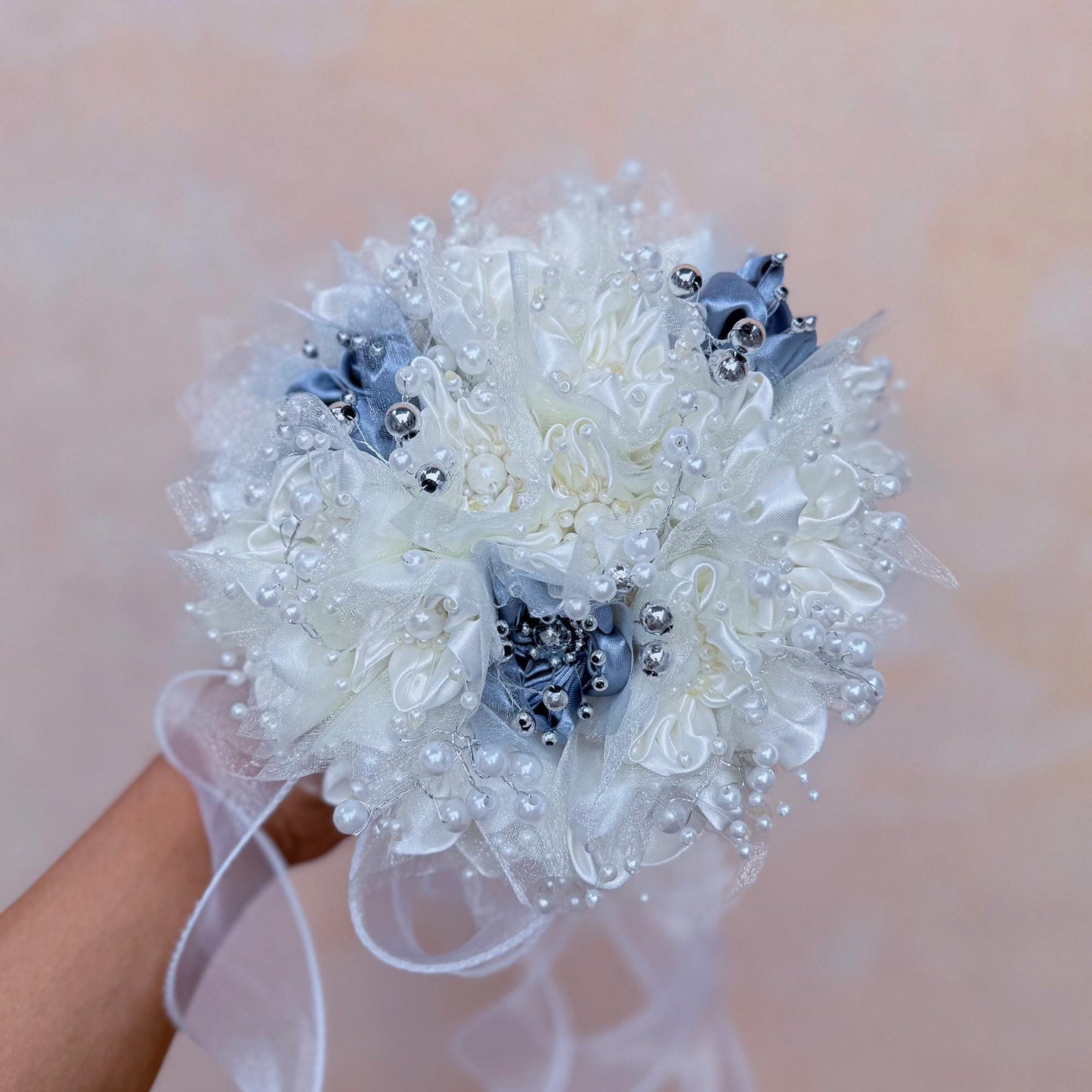 Elegant Pearl Ivory Ribbon Rose Bouquet, Personalized Wedding Silver Grey Rose Flowers, Bridesmaid Gift Idea, Wedding Engagement Gifts Ideas