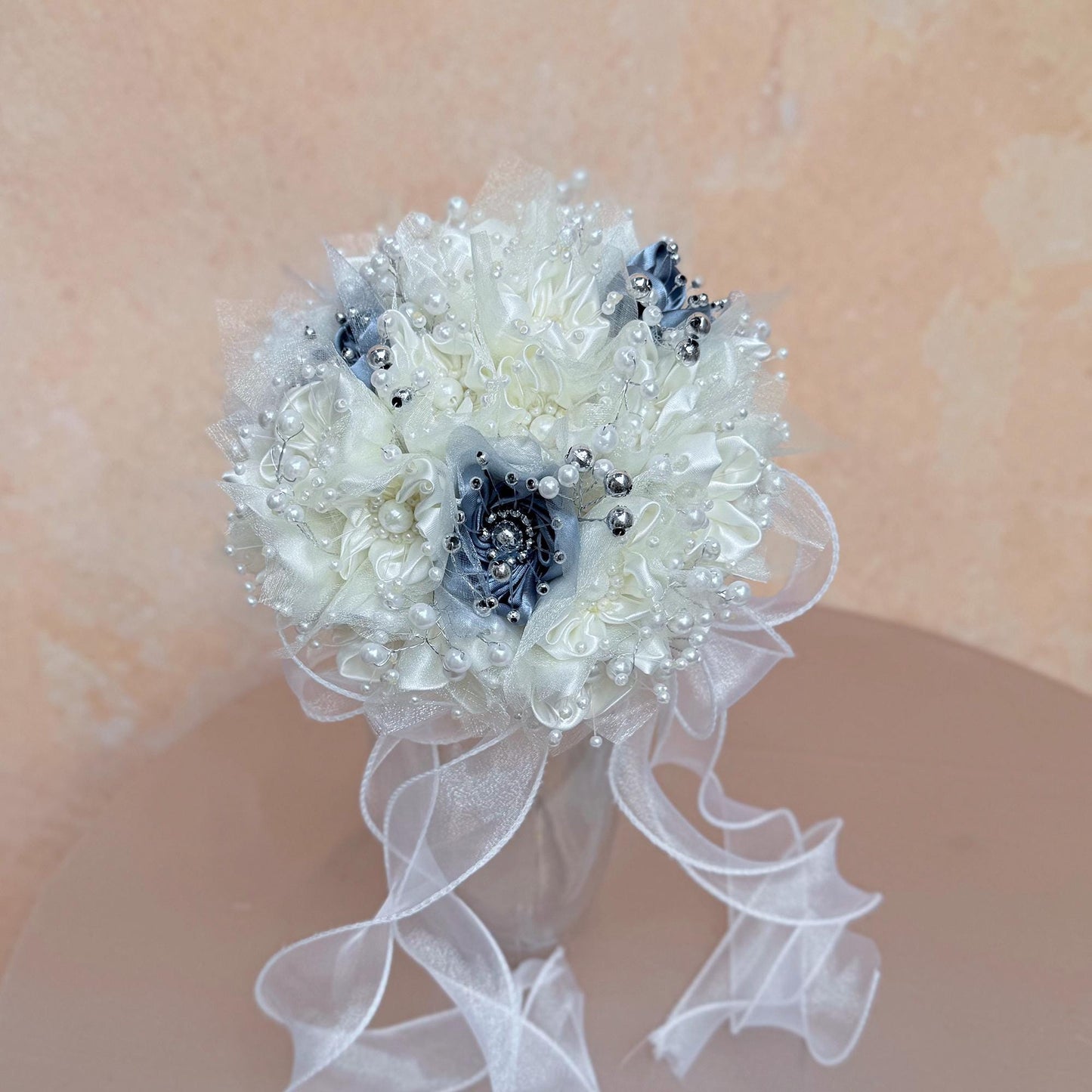 Elegant Pearl Ivory Ribbon Rose Bouquet, Personalized Wedding Silver Grey Rose Flowers, Bridesmaid Gift Idea, Wedding Engagement Gifts Ideas