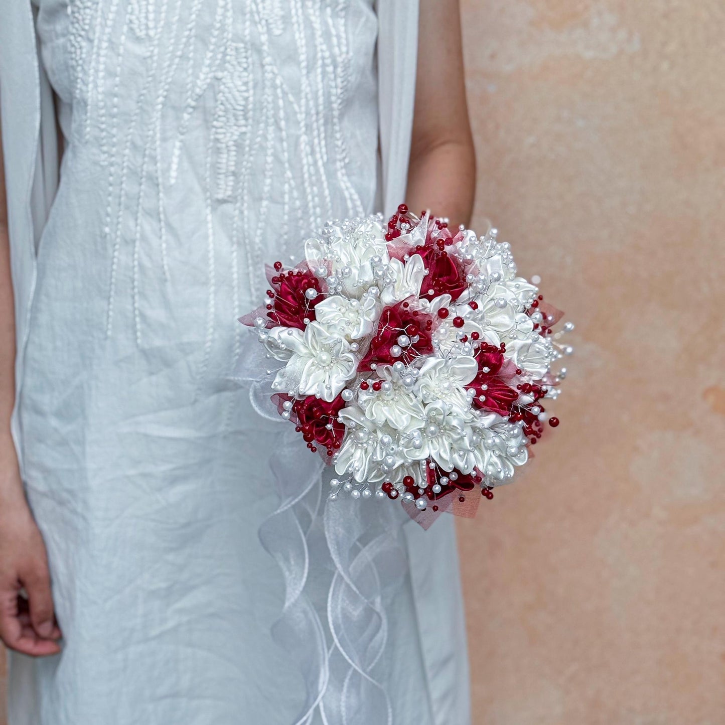 Elegant Pearl Ivory Ribbon Rose Bouquet, Personalized Wedding Red & White Rose Flowers, Bridesmaid Gift Idea, Wedding Engagement Gifts Ideas