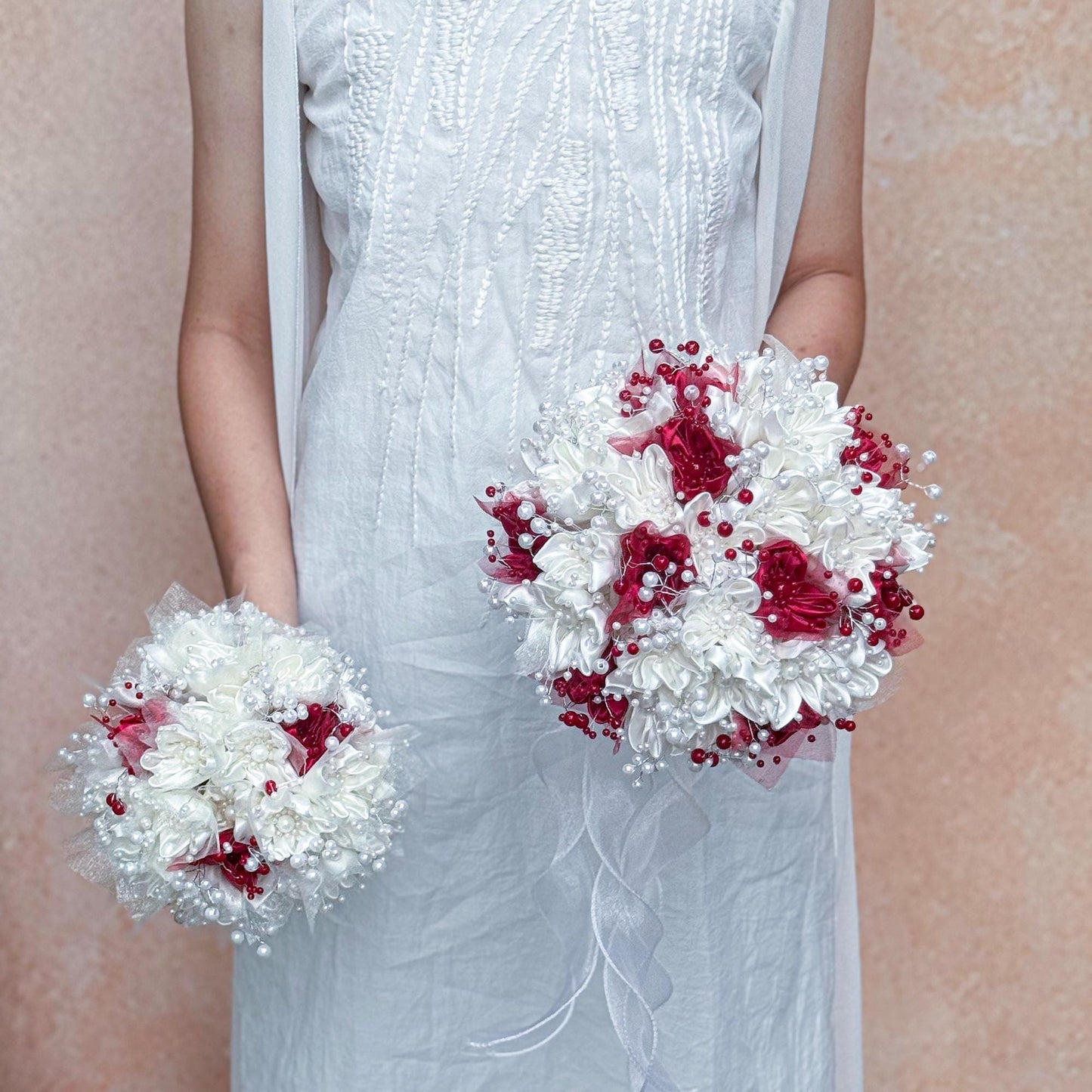 Elegant Pearl Ivory Ribbon Rose Bouquet, Personalized Wedding Red & White Rose Flowers, Bridesmaid Gift Idea, Wedding Engagement Gifts Ideas