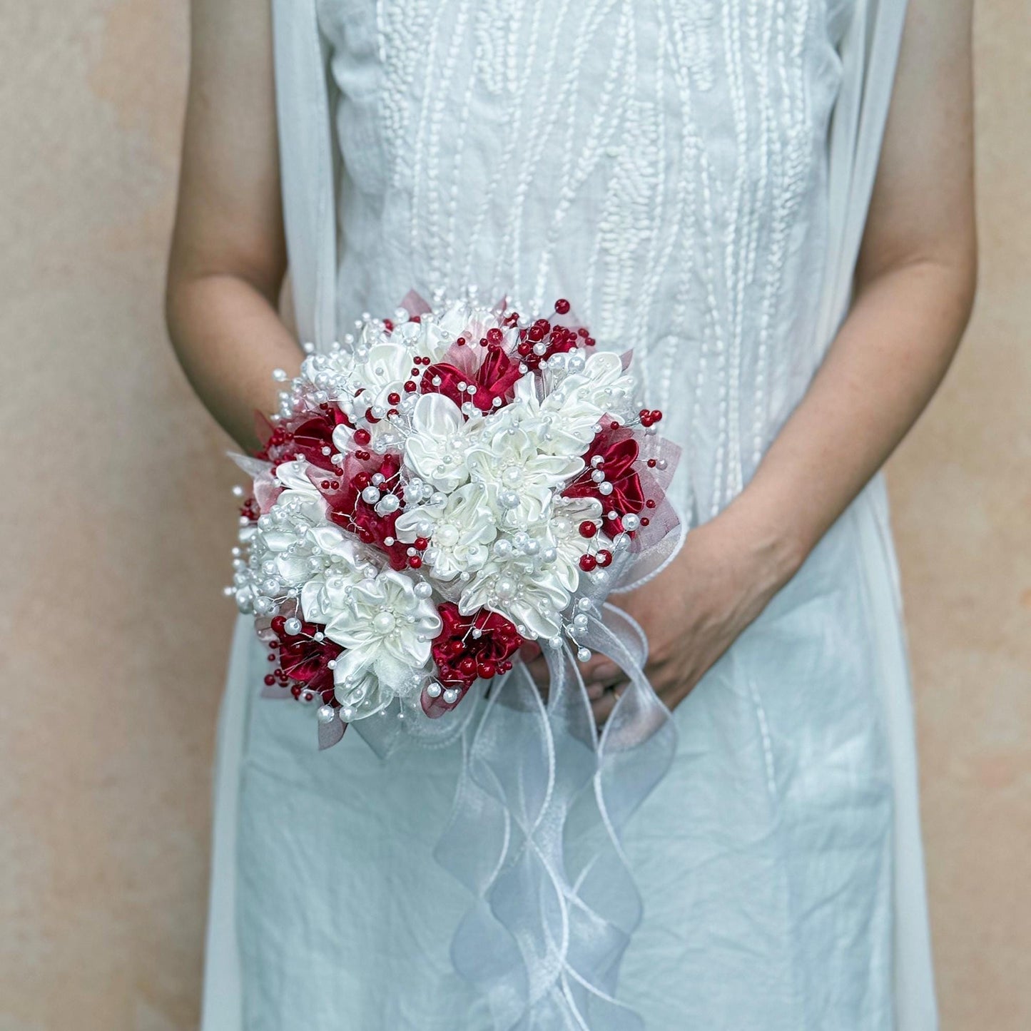 Elegant Pearl Ivory Ribbon Rose Bouquet, Personalized Wedding Red & White Rose Flowers, Bridesmaid Gift Idea, Wedding Engagement Gifts Ideas