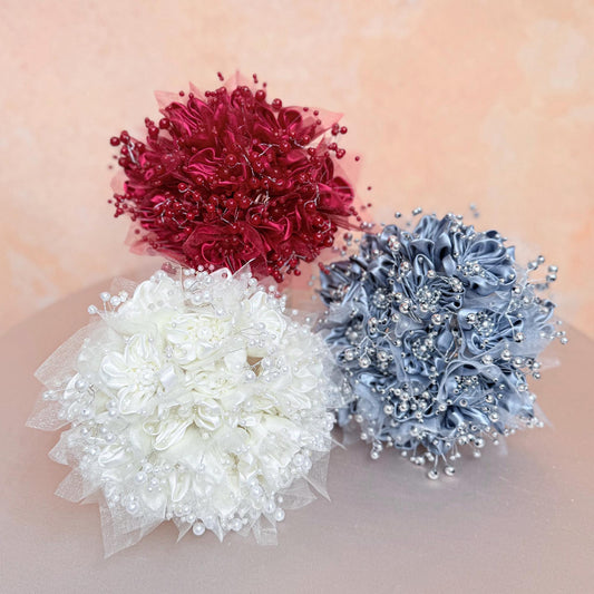 25pcs Pearl Ribbon Rose Flower, Full Handmade Ribbon Rose Flower, Craft of Unique Wedding Bouquet Idea,Bridal Bridesmaid Gift Accessories