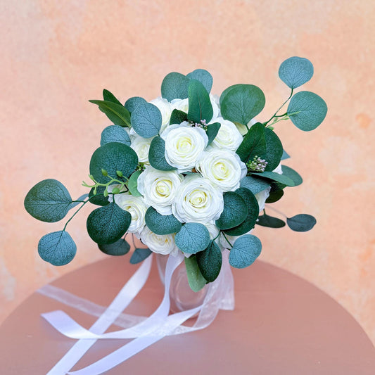 Ivory Rose Wedding Bouquet: Eucalyptus Faux Floral Bridal Bouquet Bridesmaid