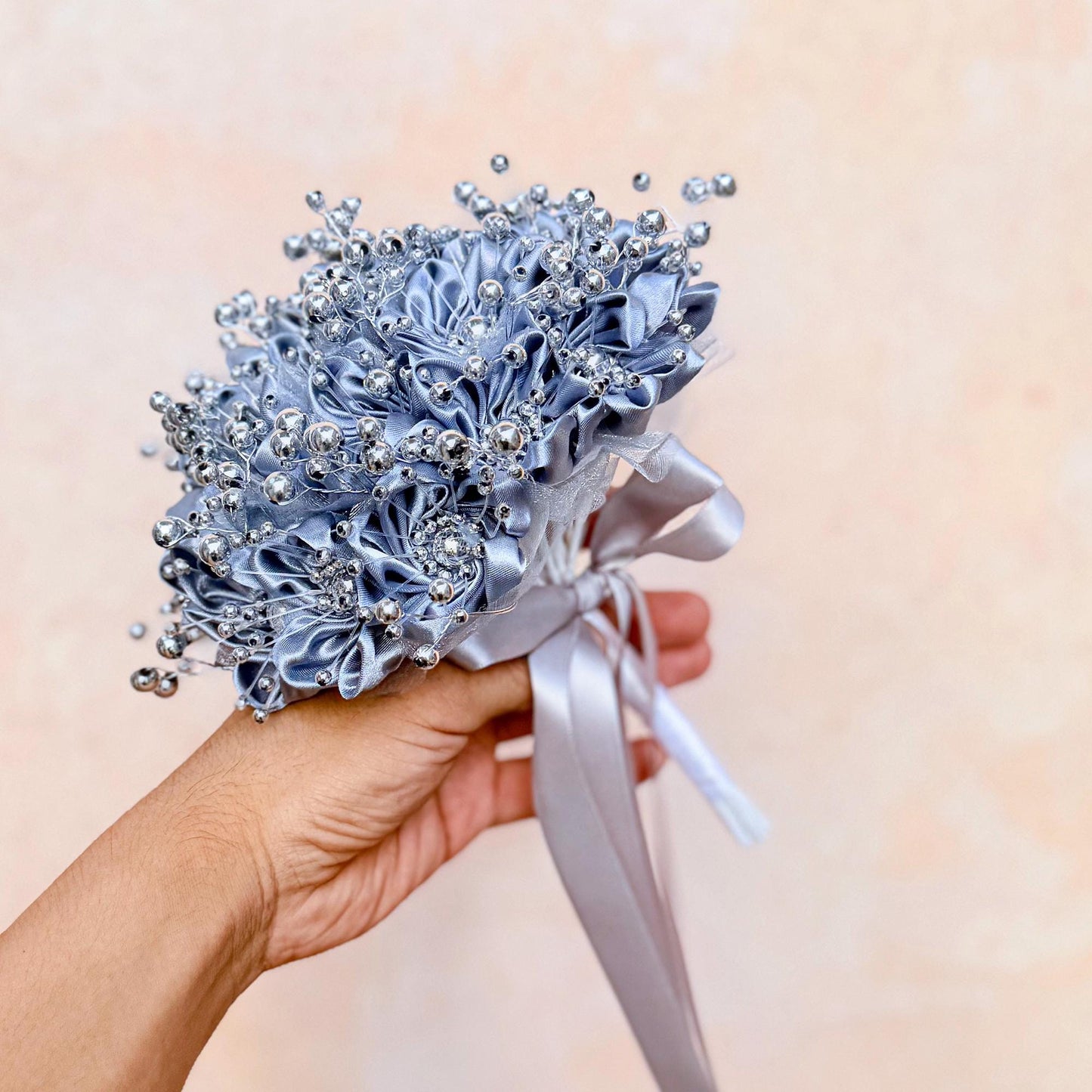 Silver Grey Pearl Ribbon Rose Bridesmaid Bouquet, Personalized Pearl Rose bouquet gift for her wedding Prom Bride shower, flower girl gift